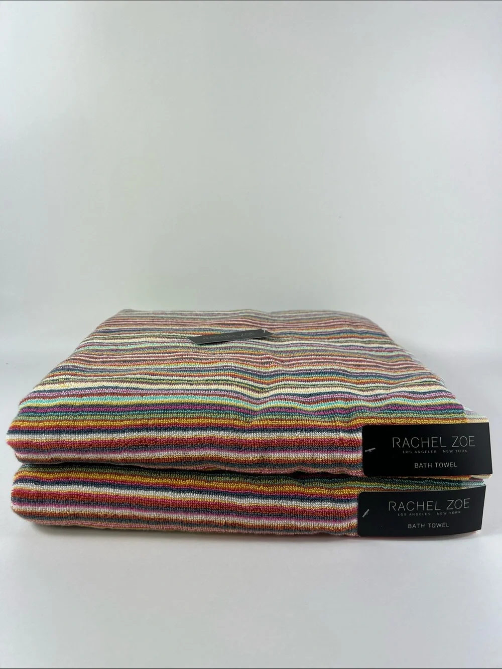 Rachel Zoe Rainbow Striped Bath Towel Set Red Blue Yellow 100% Cotton 2 Pc NEW